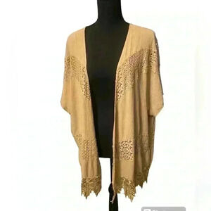 Open Lace Cardigan in tan with open front & beautiful detailed lace sewed in